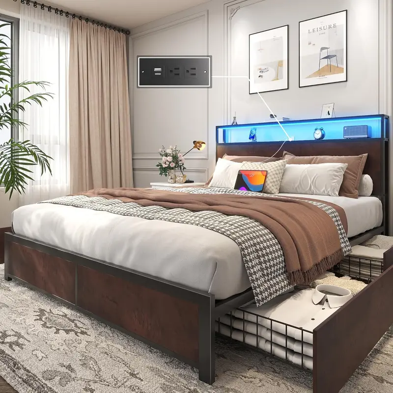 Lifezone Queen Platform Bed – Metal Frame with 2-Tier Storage Headboard, 4 Drawers, LED Lighting & Dual Charging Ports