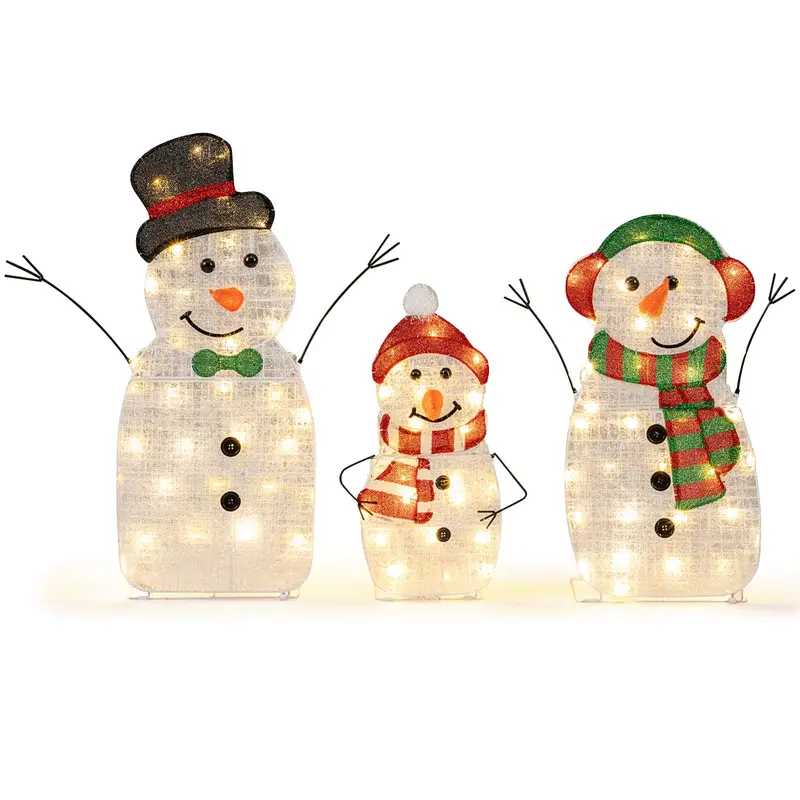 Lighted Snowman Family Set – Flat-Style Pre-Illuminated Christmas Decor with Classic Winter Charm