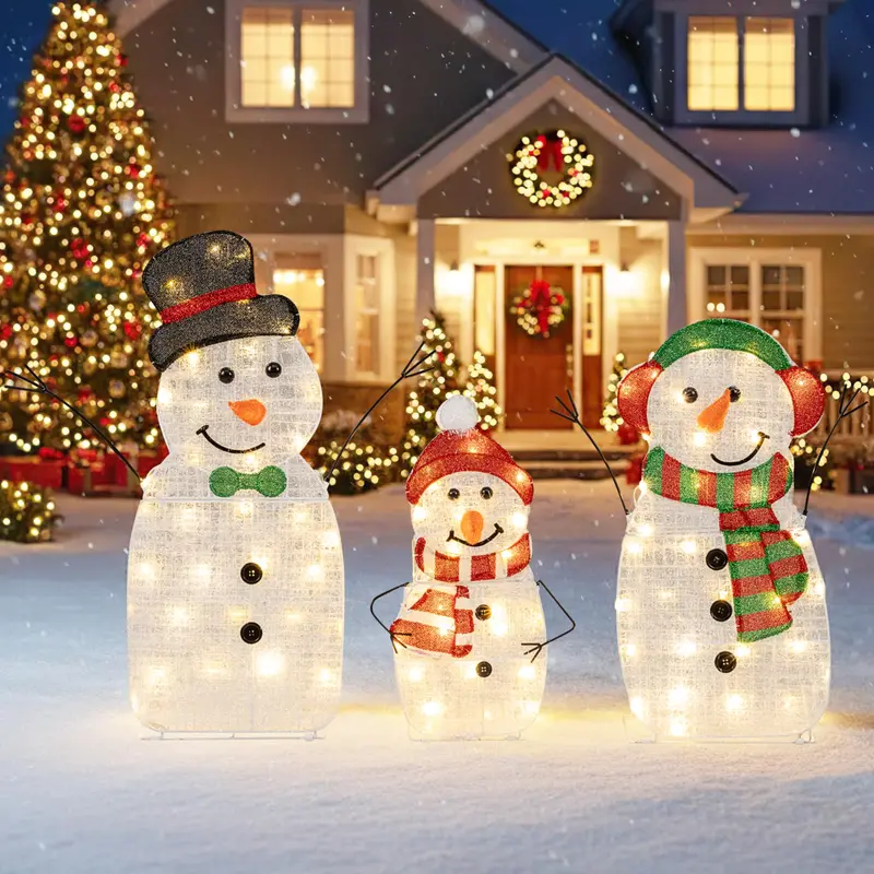 Lighted Snowman Family Set – Flat-Style Pre-Illuminated Christmas Decor with Classic Winter Charm 2