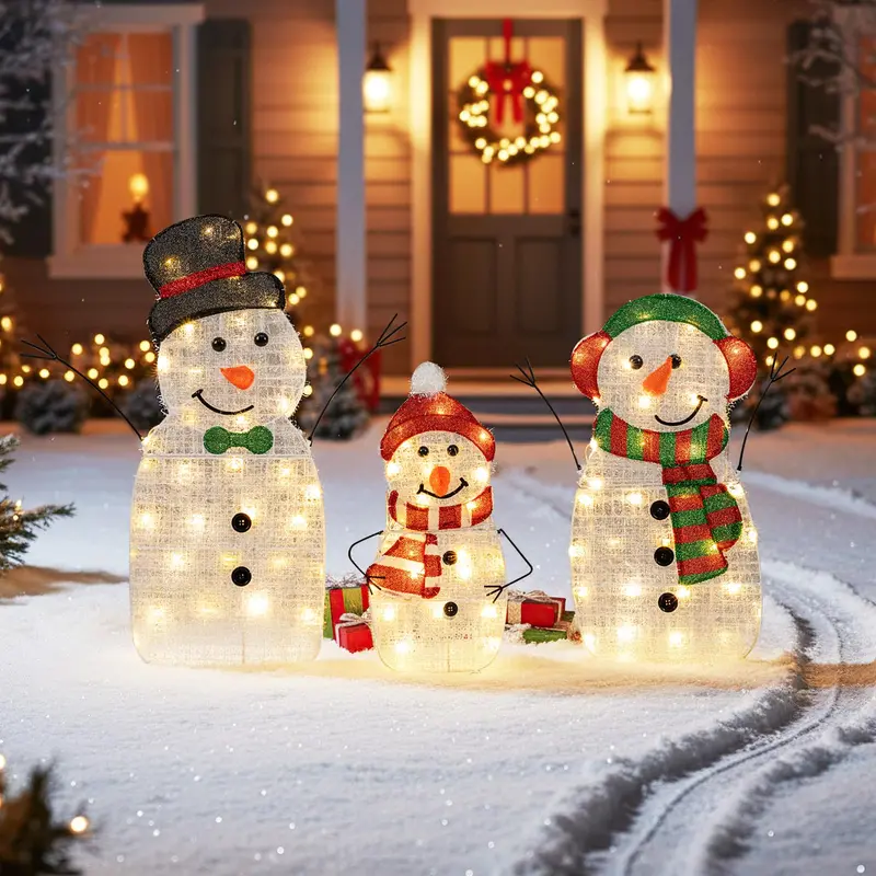 Lighted Snowman Family Set – Flat-Style Pre-Illuminated Christmas Decor with Classic Winter Charm