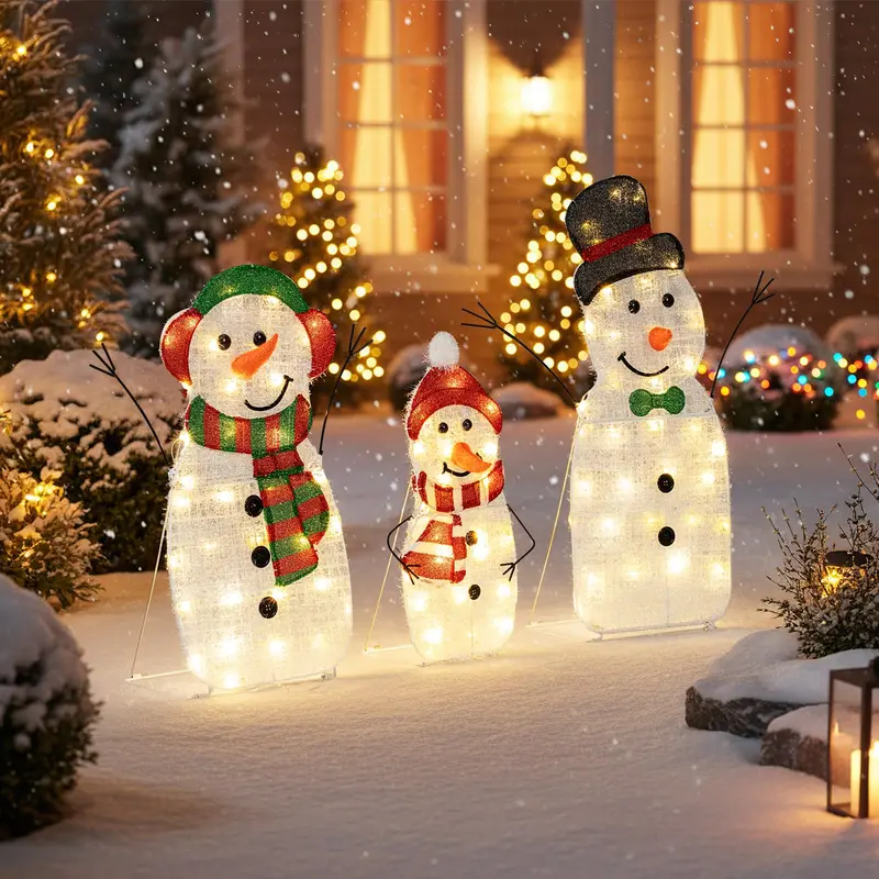 Lighted Snowman Family Set – Flat-Style Pre-Illuminated Christmas Decor with Classic Winter Charm