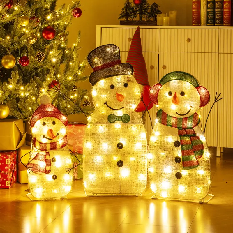 Lighted Snowman Family Set – Flat-Style Pre-Illuminated Christmas Decor with Classic Winter Charm