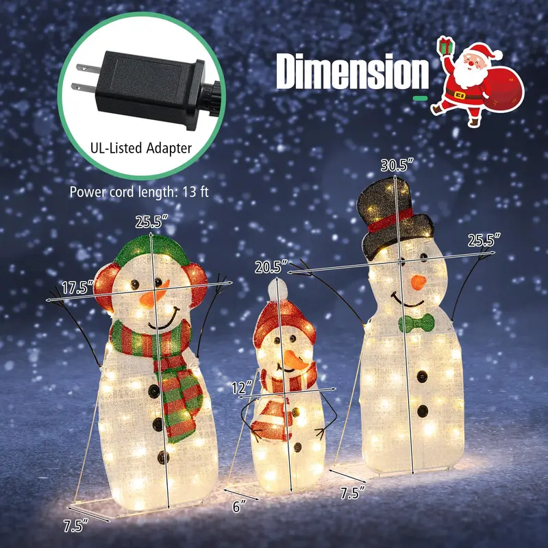 Lighted Snowman Family Set – Flat-Style Pre-Illuminated Christmas Decor with Classic Winter Charm