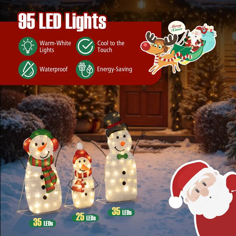 Lighted Snowman Family Set – Flat-Style Pre-Illuminated Christmas Decor with Classic Winter Charm