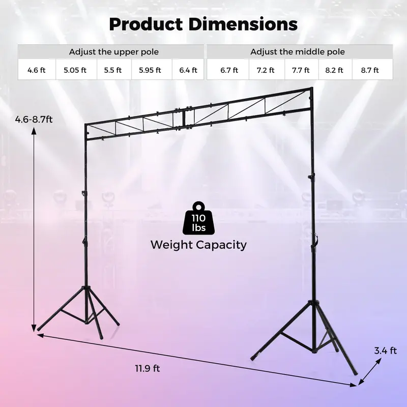 Lighting Truss System – Supports 12 Fixtures, 110-LB Load Capacity