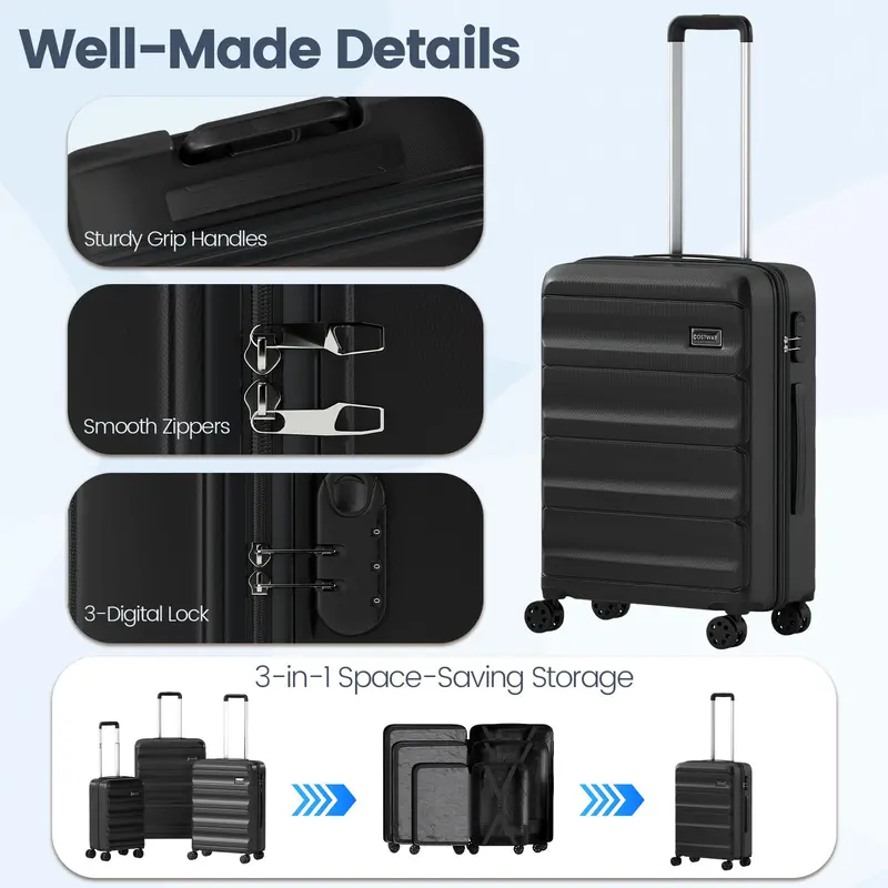 Lightweight 3-Piece Hardshell Spinner Luggage Set — 20/24/28 Inch (Wide Cross Stripe Design)