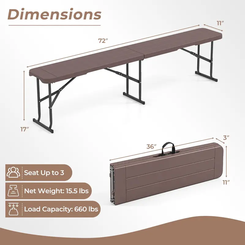 Lightweight Folding Bench – 6-Foot Plastic Portable Seat with Carry Handle for Outdoor Use