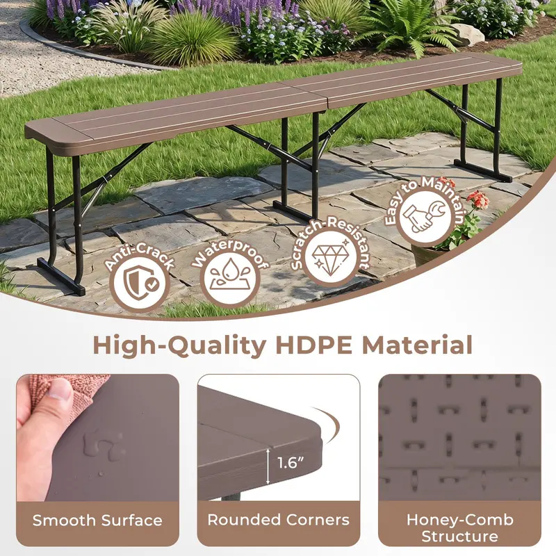 Lightweight Folding Bench – 6-Foot Plastic Portable Seat with Carry Handle for Outdoor Use