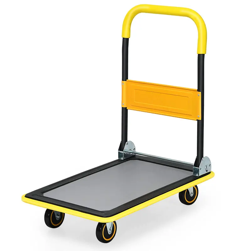 Lightweight Folding Flatbed Cart – 330 LB Capacity Yellow Platform Dolly with Push Handle