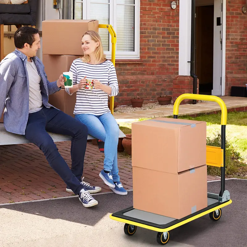 Lightweight Folding Flatbed Cart – 330 LB Capacity Yellow Platform Dolly with Push Handle 2