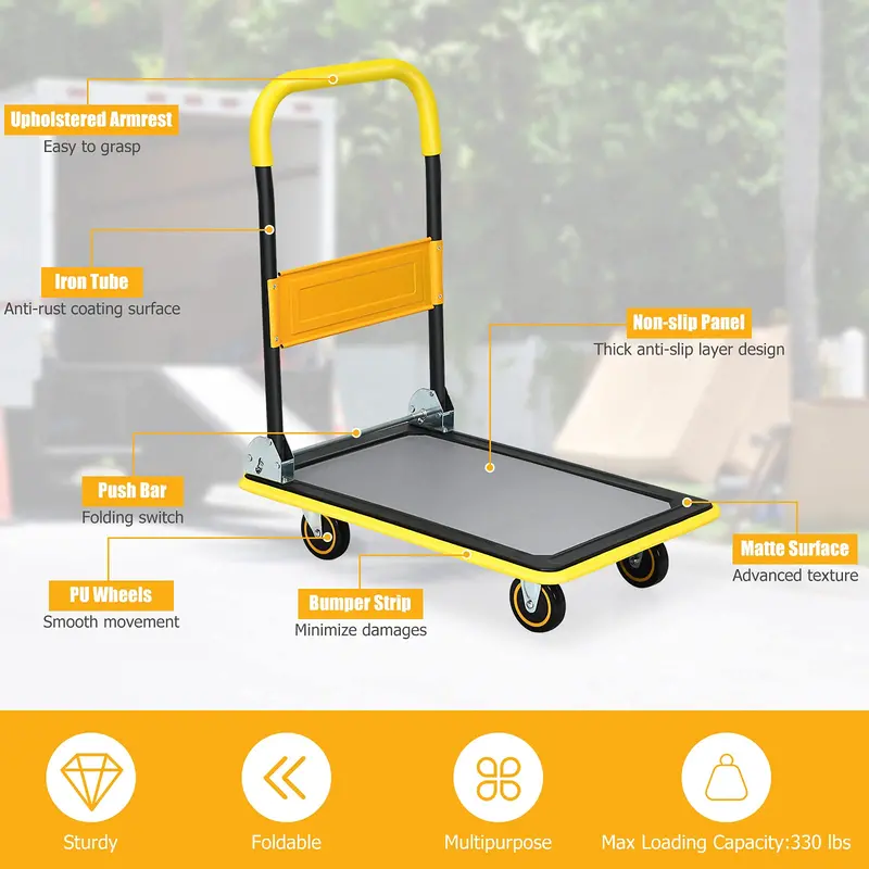 Lightweight Folding Flatbed Cart – 330 LB Capacity Yellow Platform Dolly with Push Handle