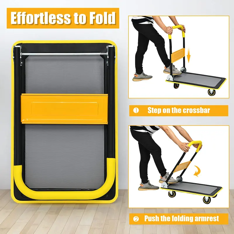 Lightweight Folding Flatbed Cart – 330 LB Capacity Yellow Platform Dolly with Push Handle