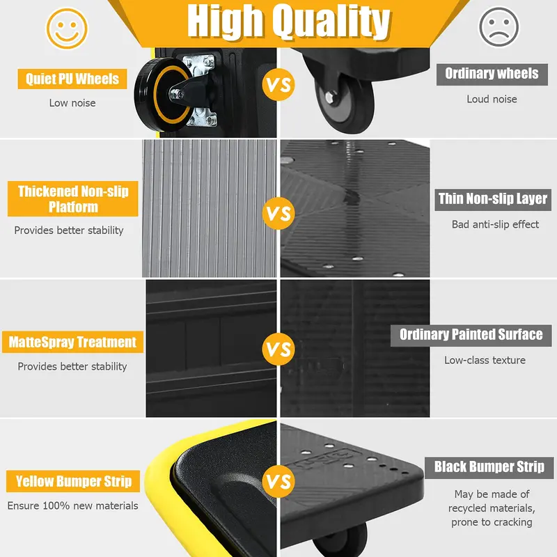 Lightweight Folding Flatbed Cart – 330 LB Capacity Yellow Platform Dolly with Push Handle