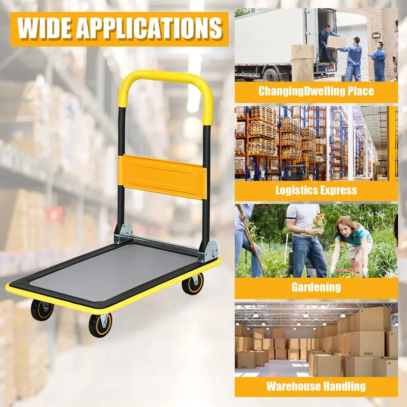 Lightweight Folding Flatbed Cart – 330 LB Capacity Yellow Platform Dolly with Push Handle