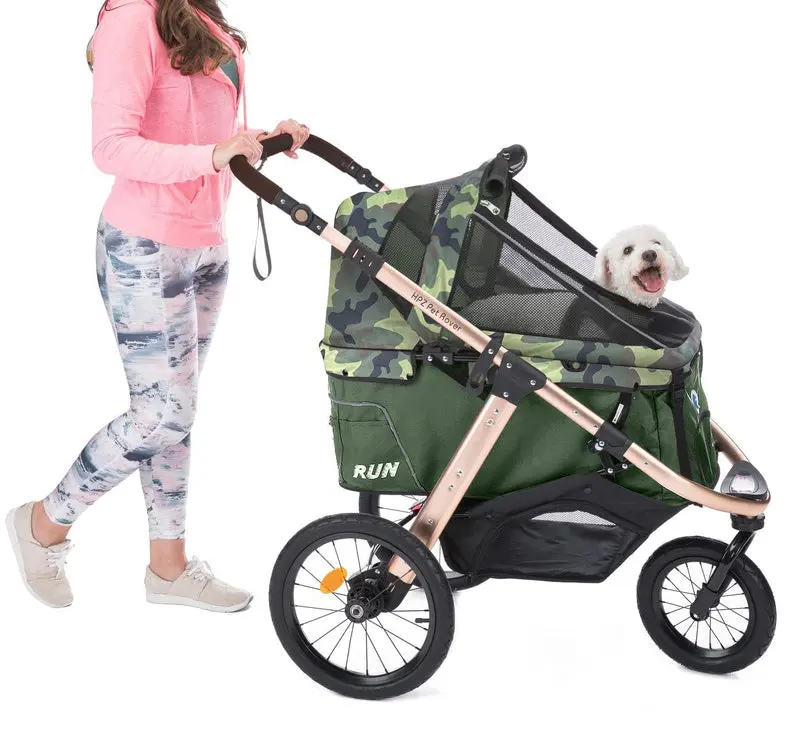 Lightweight Pet Jogging Stroller with One-Hand Fold, Zipper-Free Entry, and All-Terrain Rubber Wheels (Green Camo)