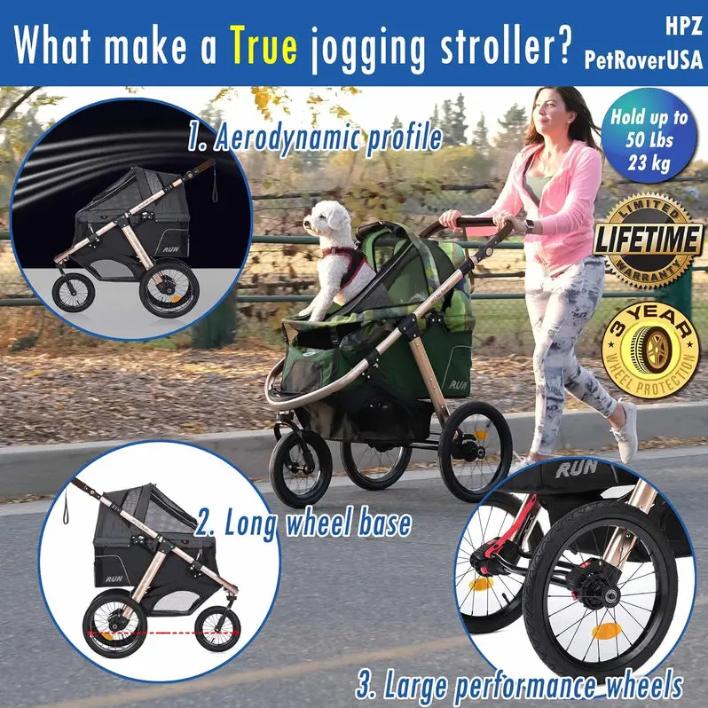 Lightweight Pet Jogging Stroller with One-Hand Fold, Zipper-Free Entry, and All-Terrain Rubber Wheels (Green Camo)