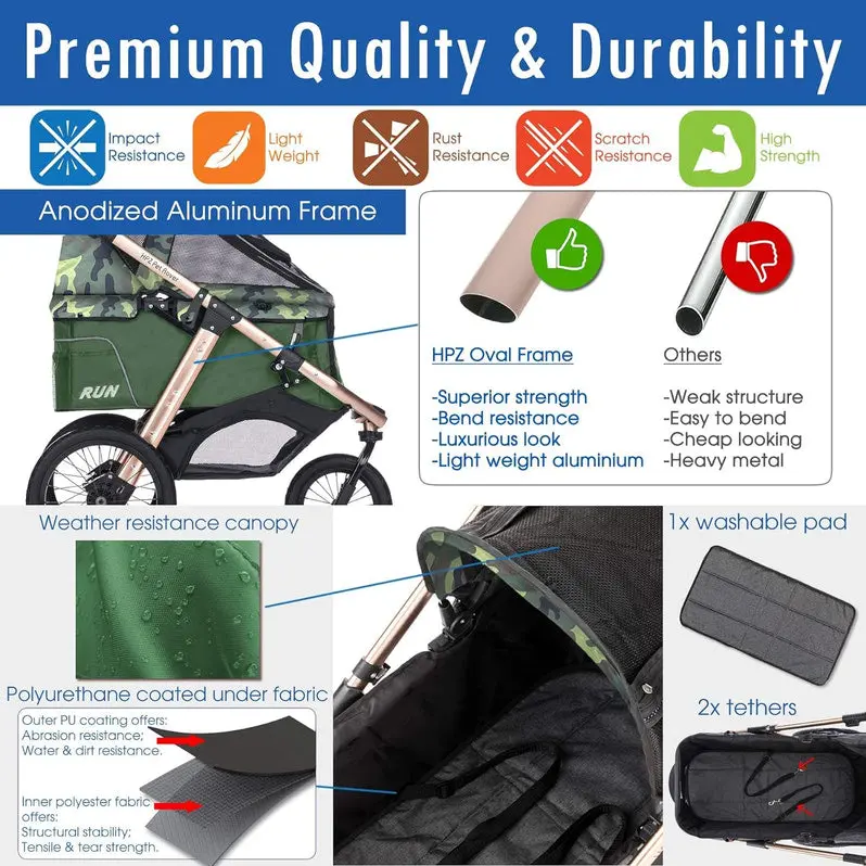 Lightweight Pet Jogging Stroller with One-Hand Fold, Zipper-Free Entry, and All-Terrain Rubber Wheels (Green Camo)