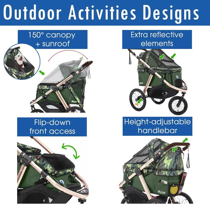 Lightweight Pet Jogging Stroller with One-Hand Fold, Zipper-Free Entry, and All-Terrain Rubber Wheels (Green Camo)