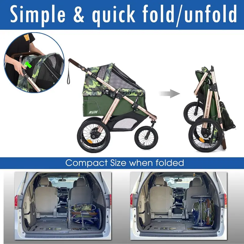 Lightweight Pet Jogging Stroller with One-Hand Fold, Zipper-Free Entry, and All-Terrain Rubber Wheels (Green Camo)