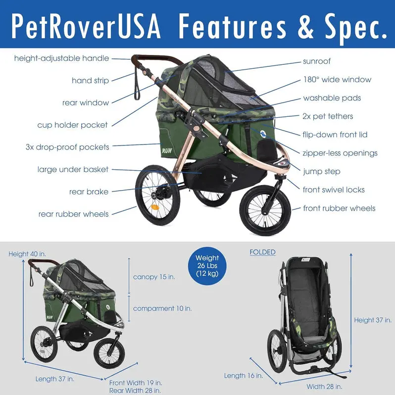 Lightweight Pet Jogging Stroller with One-Hand Fold, Zipper-Free Entry, and All-Terrain Rubber Wheels (Green Camo)