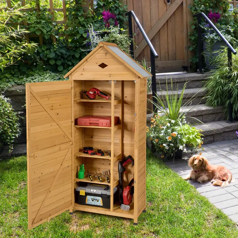 Lockable Wooden Garden Storage Shed – Fir Wood Outdoor Tool Cabinet for Yard or Patio