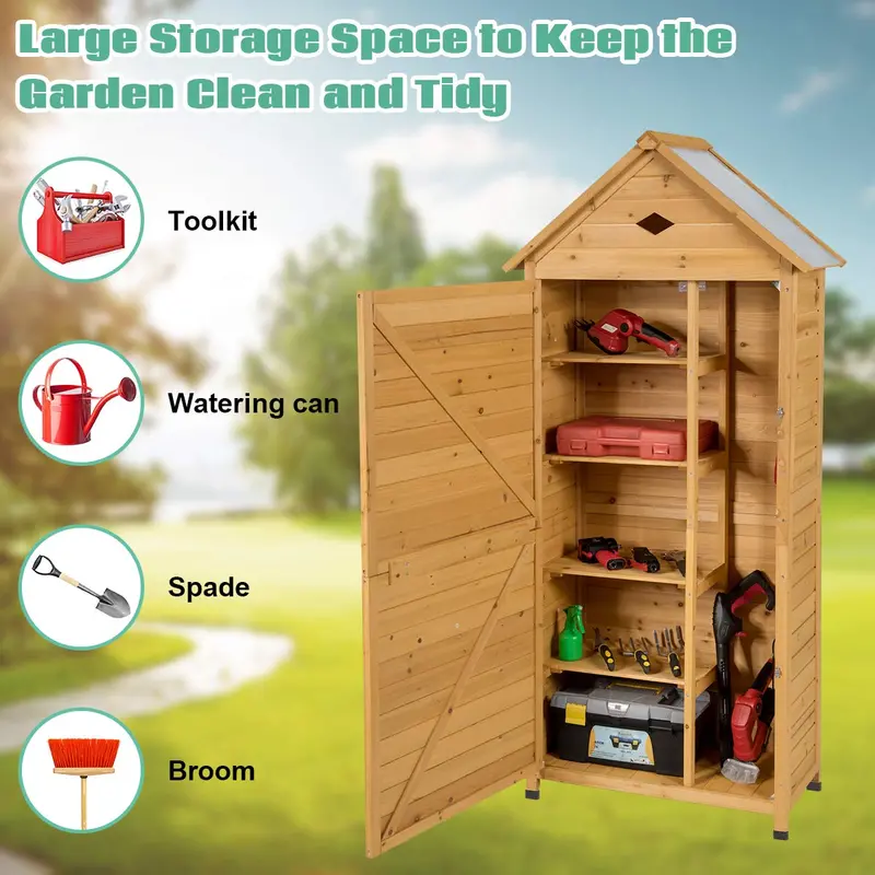Lockable Wooden Garden Storage Shed – Fir Wood Outdoor Tool Cabinet for Yard or Patio
