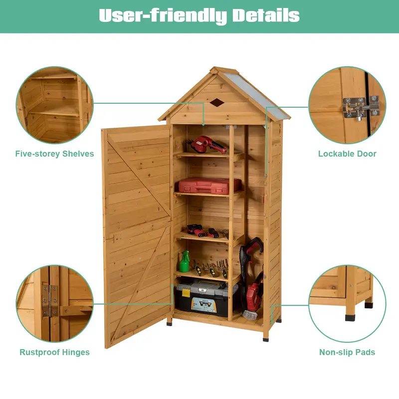 Lockable Wooden Garden Storage Shed – Fir Wood Outdoor Tool Cabinet for Yard or Patio