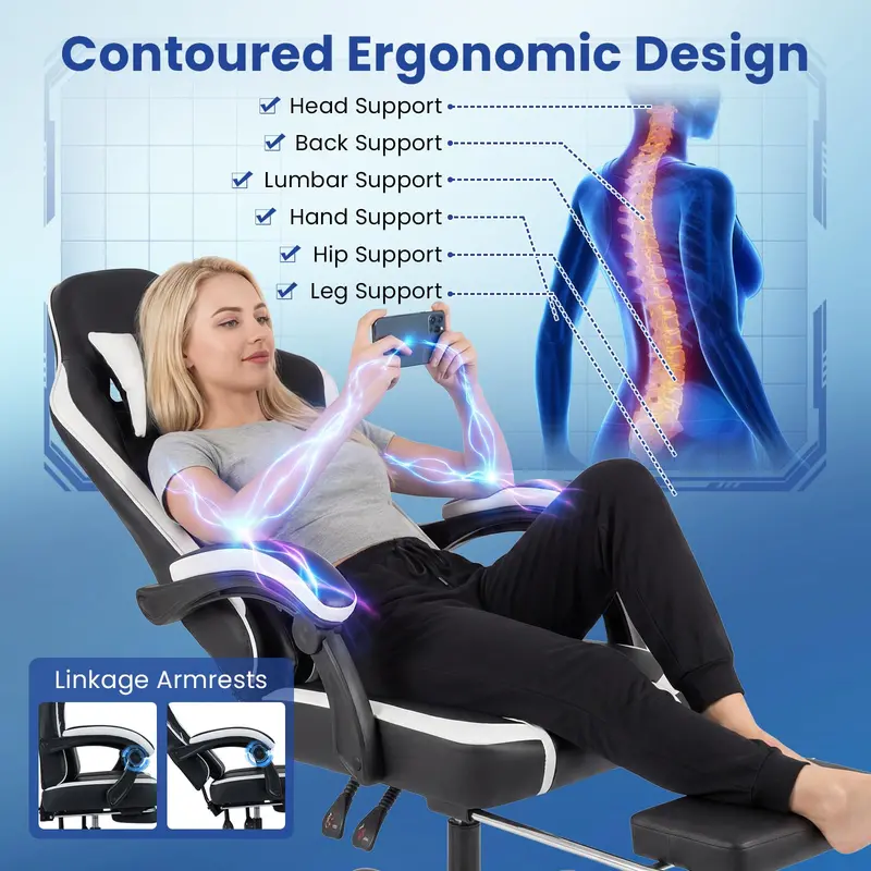 Lumbar-Support Computer Chair with Footrest & Linkage Armrests – Ergonomic Design