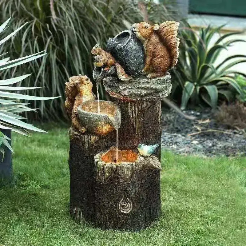 Lunaverde Solar-Powered Duck & Squirrel Fountain – Weatherproof Resin Garden Sculpture with LED Glow