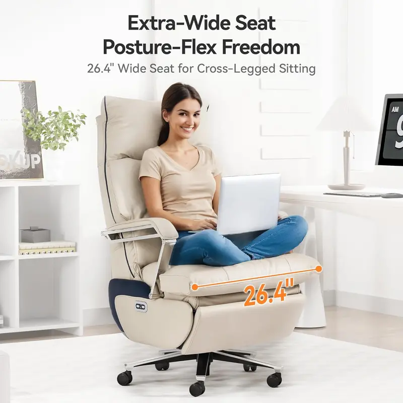 M80 Dual-Motor Executive Office Chair – Big & Tall Recliner with Footrest, Beige Fabric, 420-Lb Capacity