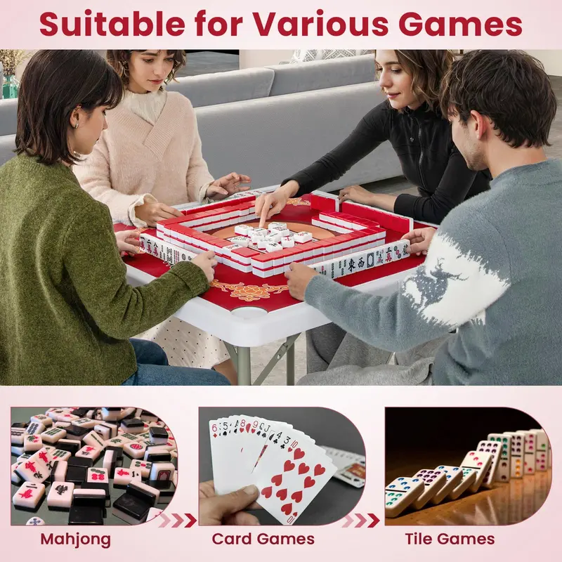 Mahjong-Friendly Folding Card Table — 35-Inch Square HDPE Surface with Cup Holders & Mat 2