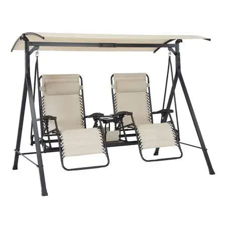 Mainstays Zero-Gravity Steel Porch Swing – Beige & Black Finish, 90.5" x 58.3" x 72.4"