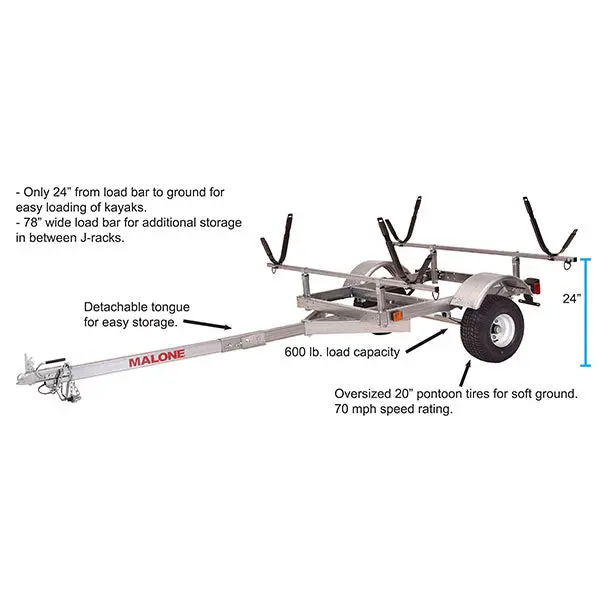 Malone LowMax 2-Kayak Galvanized Trailer – 600 lb Capacity, LED Lights, Highway-Rated Tires