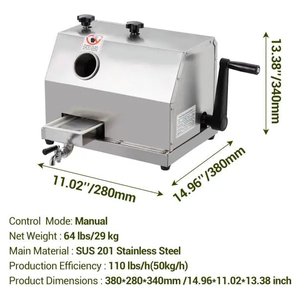 Manual Sugarcane Juicer with Triple Stainless Steel Rolls – 2.4-Inch Feed Opening, 110 lbs/hr Output for Home or Commercial Use