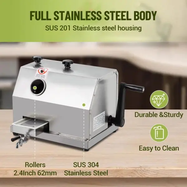 Manual Sugarcane Juicer with Triple Stainless Steel Rolls – 2.4-Inch Feed Opening, 110 lbs/hr Output for Home or Commercial Use