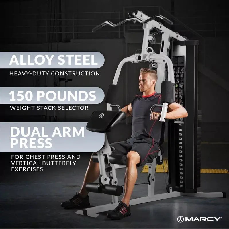 Marcy 150-Pound Stack Home Gym – Dual-Function Arm Press & Leg Developer in Black/White