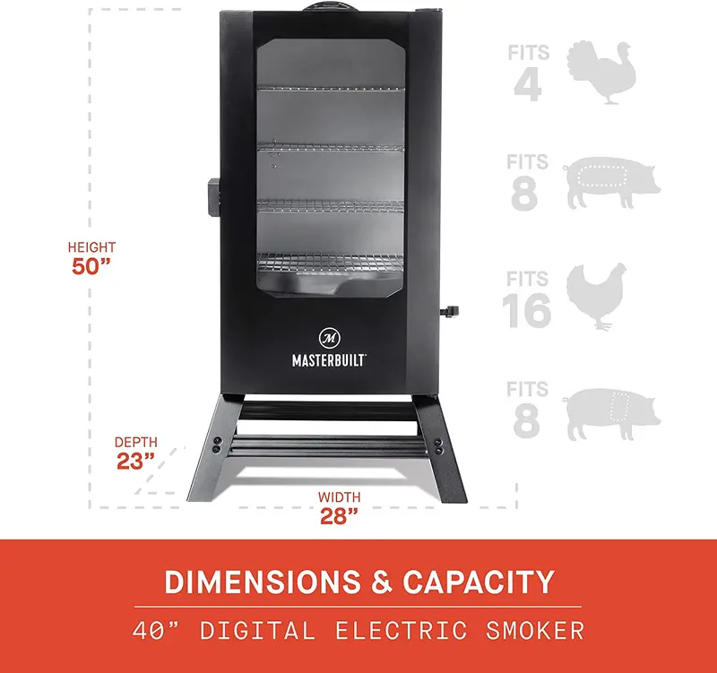 Masterbuilt 40-Inch Digital Electric Smoker – Black, Glass Viewing Window, 4 Adjustable Racks, Portable Legs