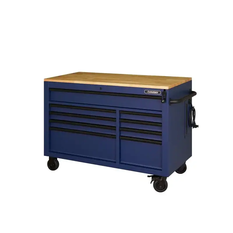Matte Blue Heavy-Duty 52-Inch 9-Drawer Mobile Workbench – Adjustable Solid Wood Top