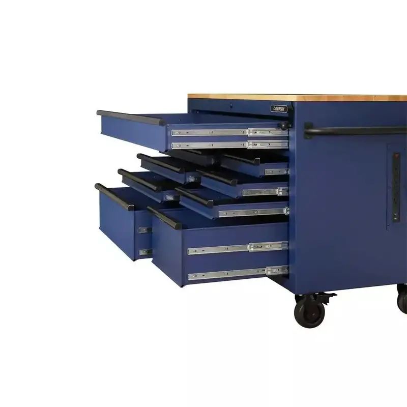 Matte Blue Heavy-Duty 52-Inch 9-Drawer Mobile Workbench – Adjustable Solid Wood Top