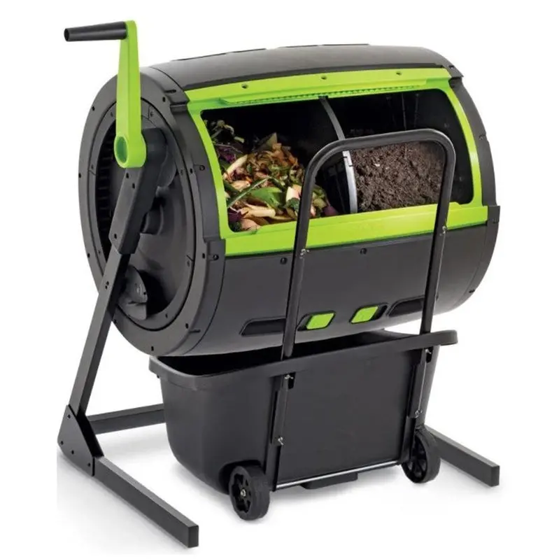 Maze 65-Gallon Dual-Chamber Compost Tumbler with Integrated Cart for Easy Transport