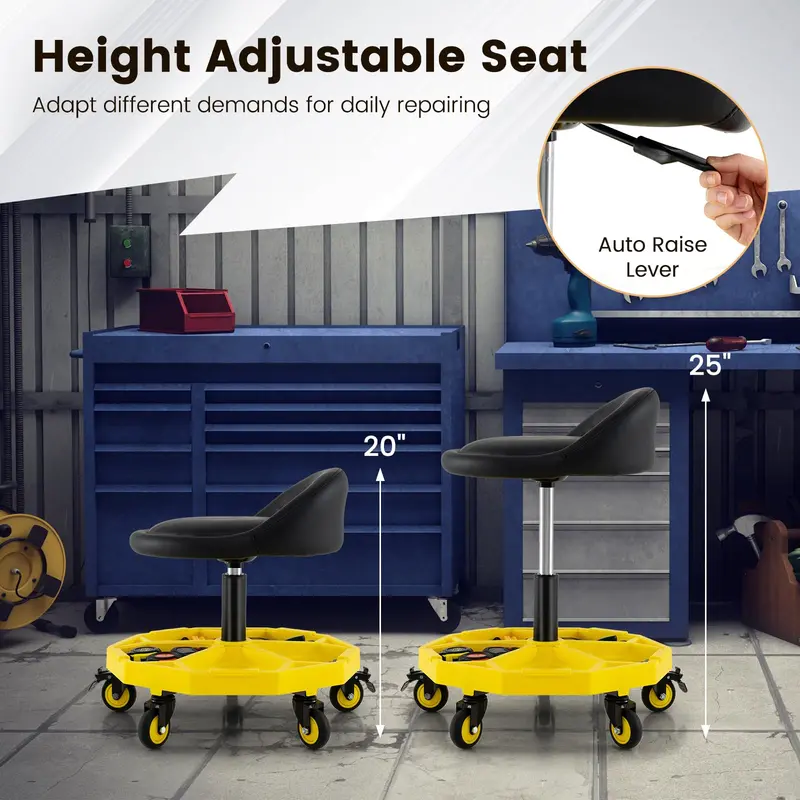 Mechanic’s Height-Adjustable Stool – 20"–25" Range with Built-In Magnetic Tool Holder