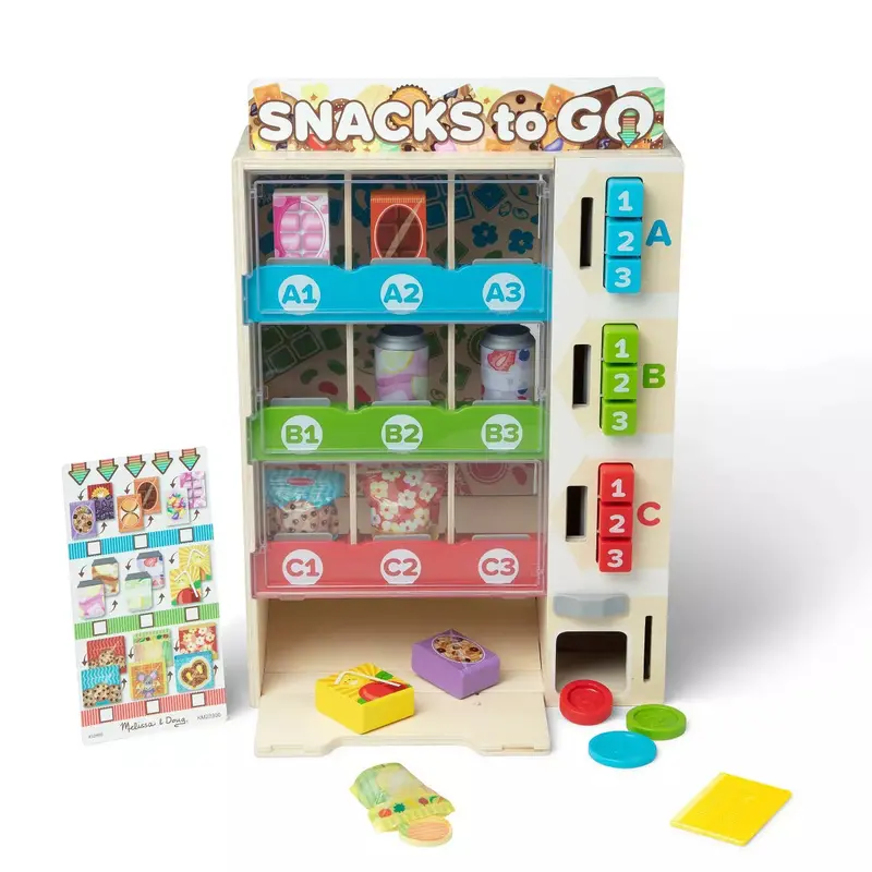 Melissa & Doug Wooden Vending Machine Playset – 17-Piece Interactive Learning Toy for Children Ages 3 to 6