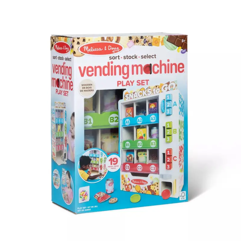 Melissa & Doug Wooden Vending Machine Playset – 17-Piece Interactive Learning Toy for Children Ages 3 to 6