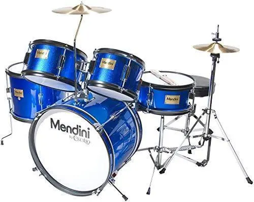 Mendini by Cecilio MJDS-5-BL Kids’ 5-Piece Drum Set – 16-Inch Blue Metallic Starter Kit with Throne, Cymbal & Sticks