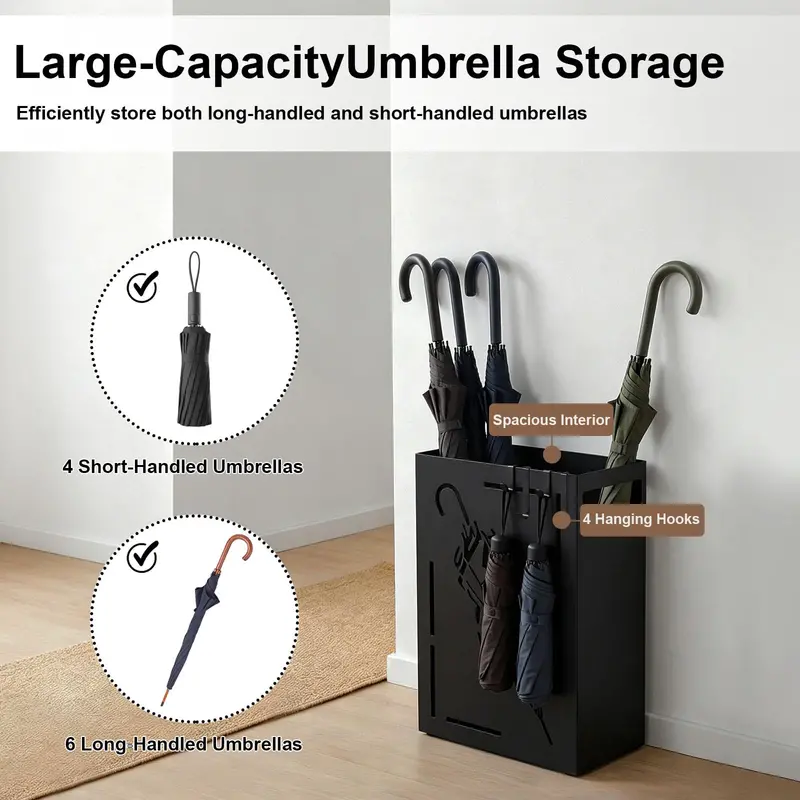 Metal Umbrella Stand with Removable Drip Tray and Four Hook Slots 2