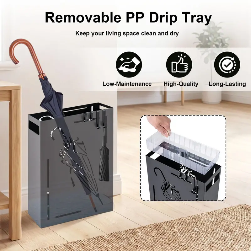 Metal Umbrella Stand with Removable Drip Tray and Four Hook Slots