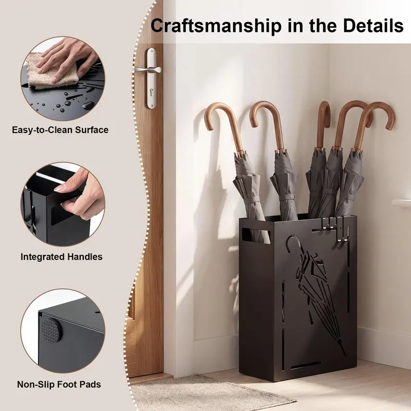 Metal Umbrella Stand with Removable Drip Tray and Four Hook Slots