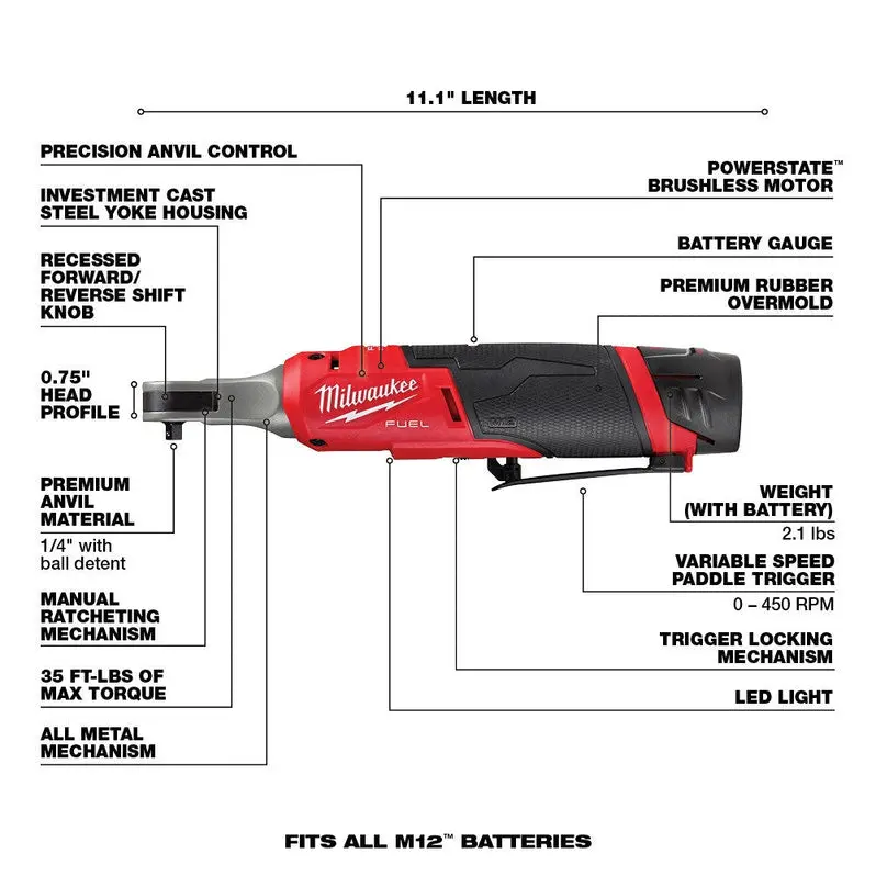 Milwaukee M12 FUEL 1/4" High-Speed Cordless Ratchet – Compact Fastening Tool with Brushless Motor