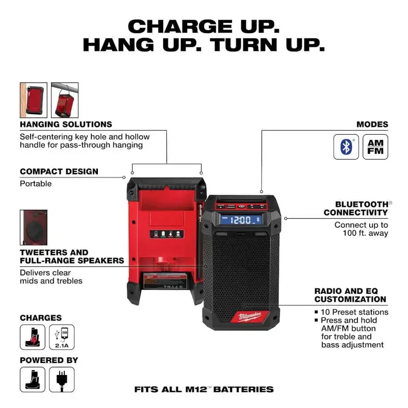Milwaukee M12 Jobsite Radio – 12V Lithium-Ion Bluetooth/AM/FM Cordless Speaker with Built-in Charger (Model 2951-20)