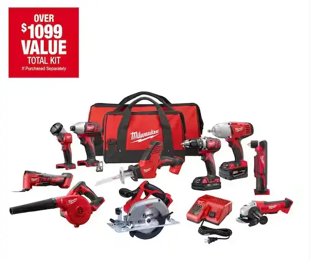 Milwaukee M18 18V 10-Tool Cordless Combo Kit – Includes Batteries, Charger, and Full Range of Professional Power Tools